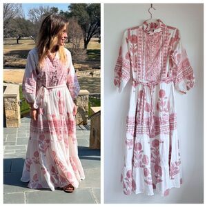 NWT Sur La Vague Blush Katherine Hand Stamped Maxi Dress in White & Pink Size S